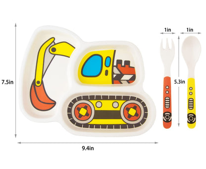 Kids Plate Set, Included Fork and Spoon 3-Piece Set - Toddler Dinnerware Dinner Dish Set - Baby Feeding Divided Plate - Child Portion Control Dish Tray (Excavators)