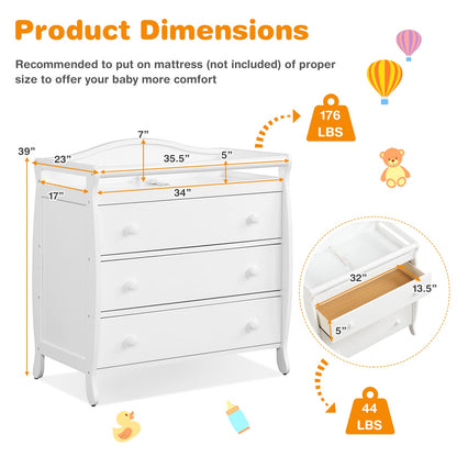 Costzon 3-Drawer Changing Table, Infant Diaper Changing Station with Drawers, Safety Rails & Strap, Baby Changing Table Dresser for Nursery, Easy Assembly (Brown)