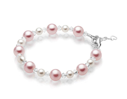 Pretty Sterling Silver Bracelets for Girls with Pink and White Simulated Pearls, European Crystals, Girls Jewelry, Pearl Bracelet for Girl, Birthday Gifts
