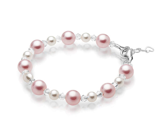 Pretty Sterling Silver Bracelets for Girls with Pink and White Simulated Pearls, European Crystals, Girls Jewelry, Pearl Bracelet for Girl, Birthday Gifts