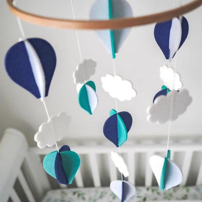 Handmade Baby Crib Mobile | White & Pale Grey | Hot Air Balloons & Clouds | Eco-Friendly Felt & Organic Beech Wood | Gender Neutral Nursery Decor | Simple & Modern Design