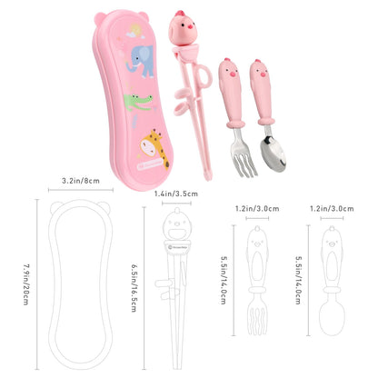Toddler Utensils Stainless Steel Kids Silverware Set with Kids Spoons and Forks Set and Kids Chopsticks for Self Feeding Learning with Portable Case
