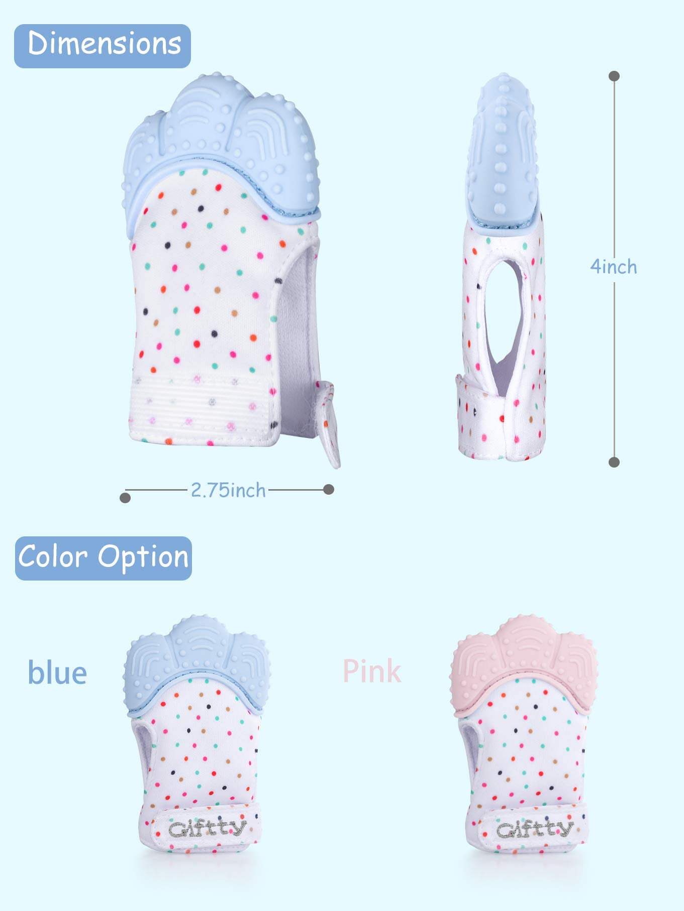 Giftty Baby Teething Mitten, Self-Soothing Teether Glove, Pain Relief Silicone Mitt, Double Breathable, Stay on Baby's Hand, Unisex for Babies 3-12 Months(2 Pink Mittens)