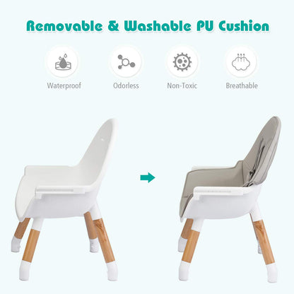 BABY JOY 6 in 1 High Chair, Convertible High Chairs for Babies and Toddlers/Booster Seat/Table and Chair Set, Infant Wooden Highchair w/ 5-Point Harness, 4-Position Removable Tray & PU Cushion, Coffee