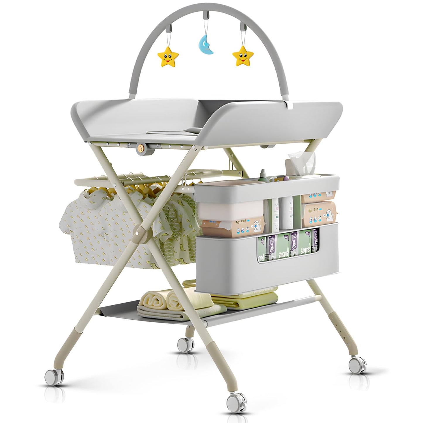 Foldable Portable Changing Table for Baby,Upgraded Style Baby Portable Diaper Changing Station with Wheels,Nursery Five Level Adjustable Height Changing Table with Organizer Storage(Green)
