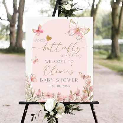 Printable Sign, Butterfly Baby Shower Welcome Sign, 12 x 18 inches to 24 x 36 inches, Corrugated Plastic, Romantic Style