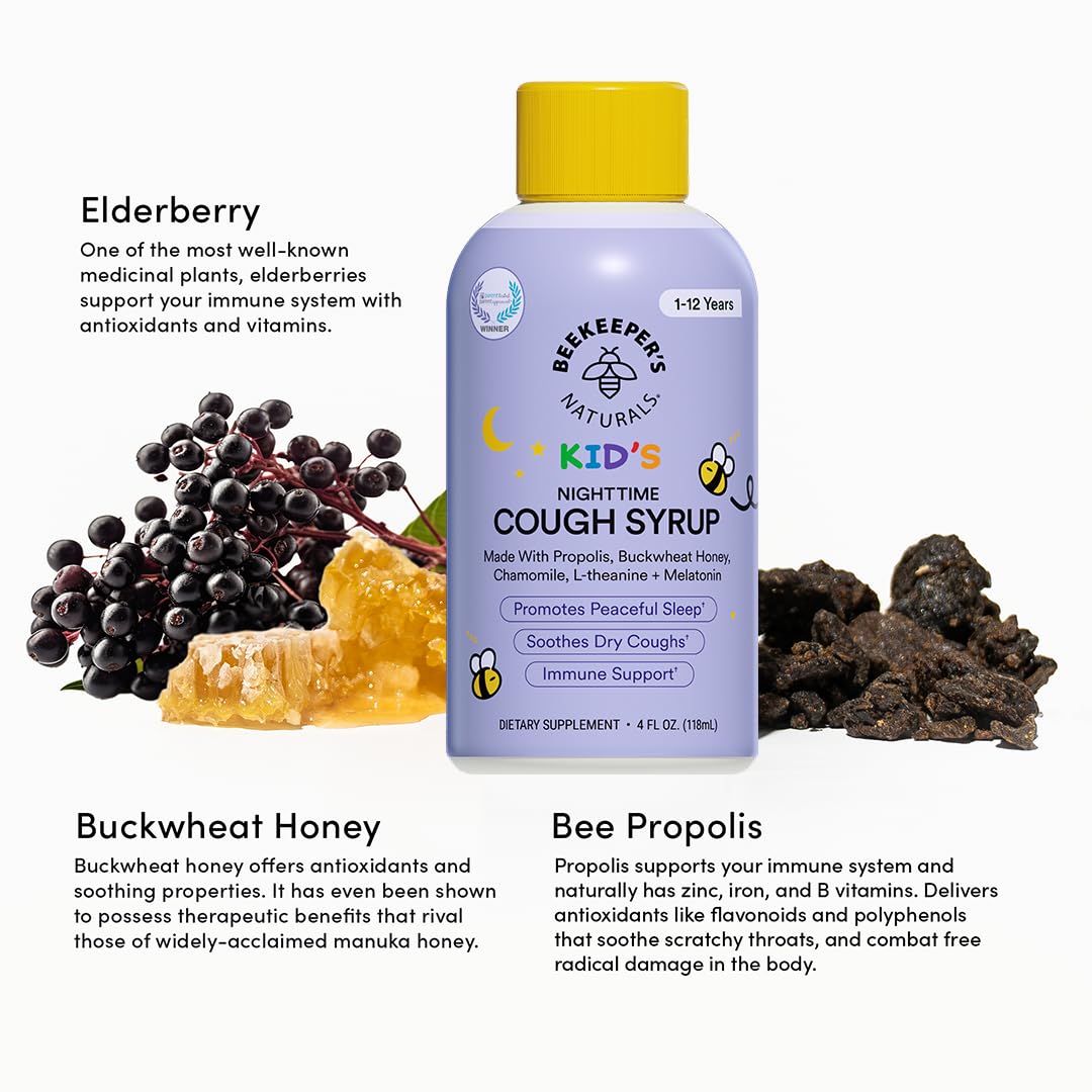 Beekeeper's Naturals Propolis Honey Cough Syrup Daytime for Kids Immune Support with Elderberry, Vitamin C, Vitamin D & Raw Honey - Throat Soothing - Gluten Free & Clean Ingredients, 4 oz.