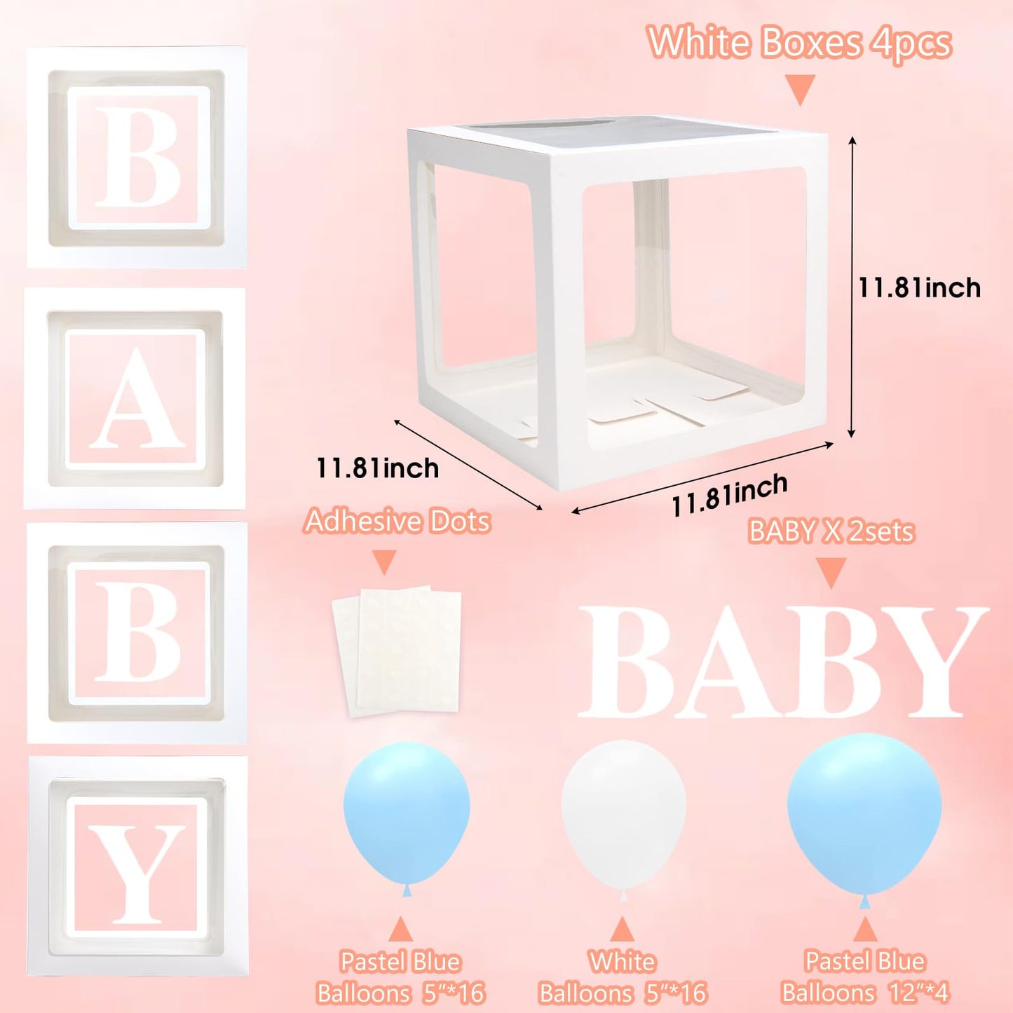 Baby Boxes with Letters for Baby Shower Decorations, Gender Reveal with 4 Pastel Balloon Boxes