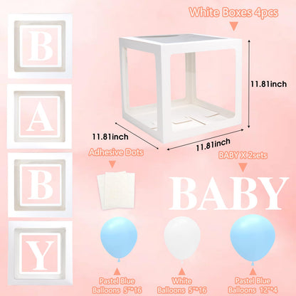 Baby Boxes with Letters for Baby Shower Decorations, Gender Reveal with 4 Pastel Balloon Boxes