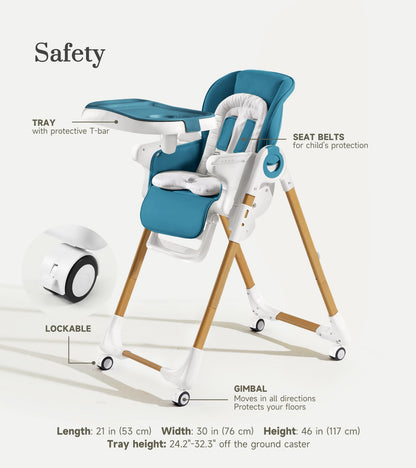 Convertible High Chairs for Babies and Toddlers, Height Adjustable Baby High Chair, High Chair with Removable Tray, Adjustable Backrest and Pedal, Portable Baby Dinning Chair with Lockable Wheels