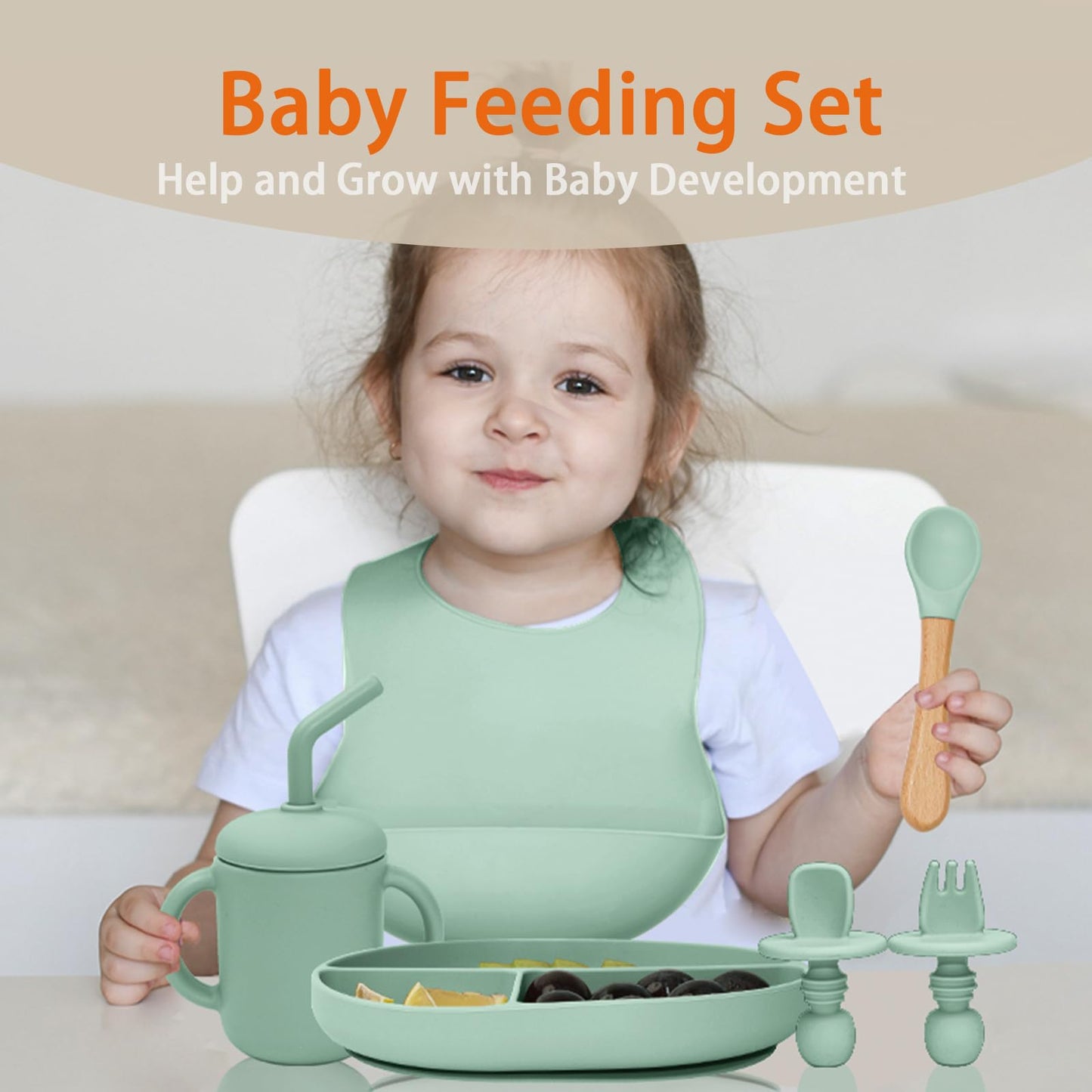 Silicone Baby Feeding Set, 10PCS Baby Led Weaning Supplies with Suction Bowl and Divided Plate, Bib Baby Cup Spoons Forks -Baby Feeding Essentials for 6+ Months