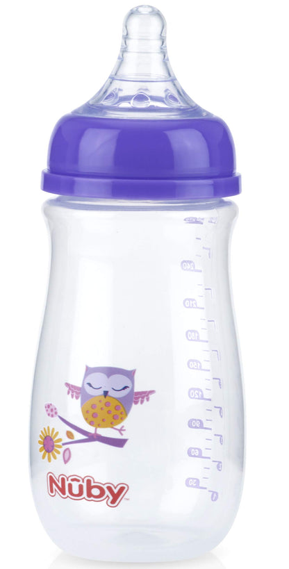 Nuby Wide Neck Bottle with Anti-Colic Air System, Colors/Prints May Vary, 1 Pack of 1 Bottle