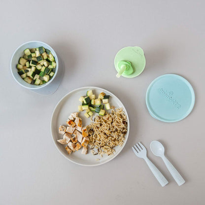 Miniware Little Foodie Set with Cereal Bowl, Sandwich Plate, My First Cutlery Set, 1-2-3 Sip Cup, and Detachable Suction Foot for Baby Toddler Kids (Little Camper)