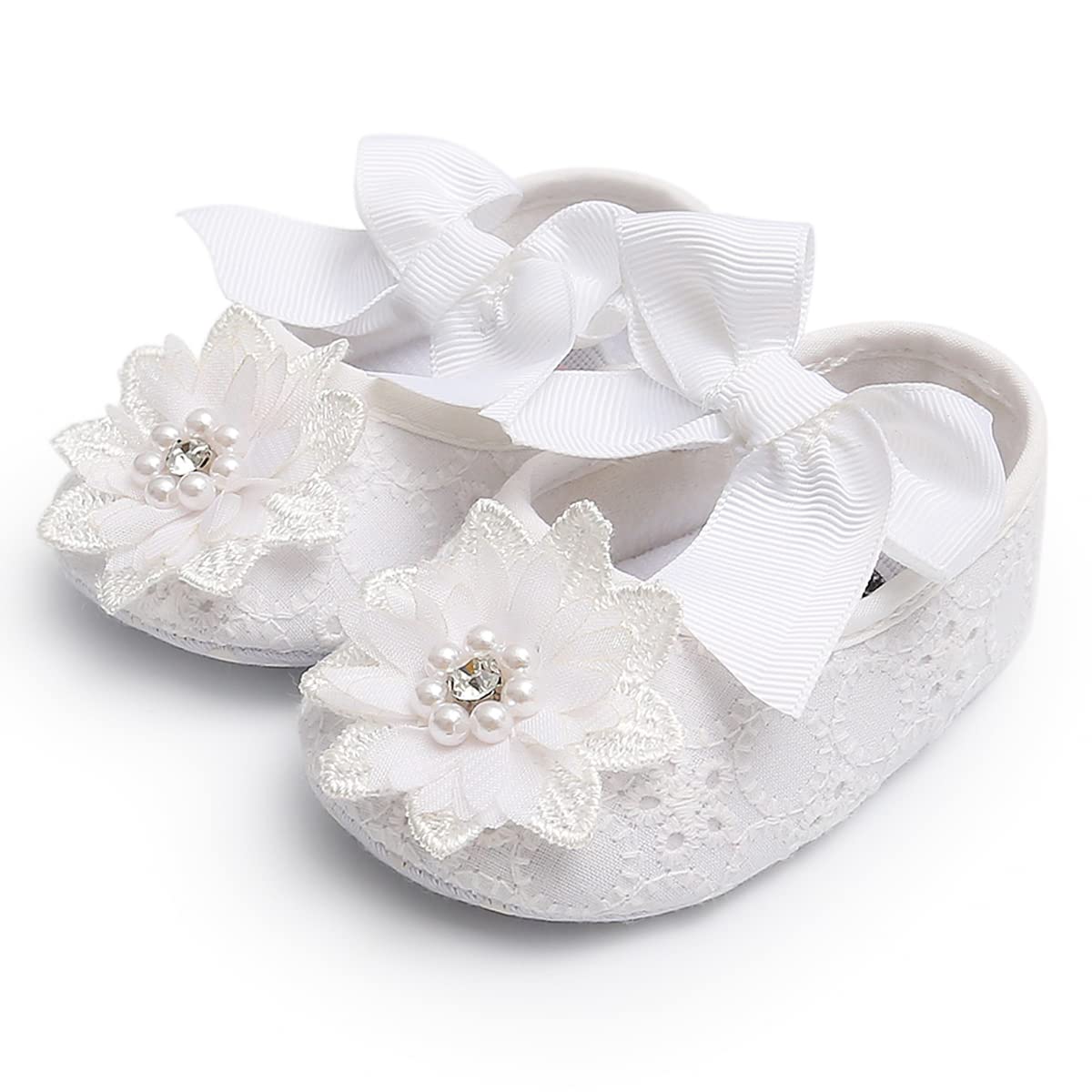 Baby Girls Mary Jane Flats with Bowknot Flowers Soft Newborn Infant First Walkers Crib Shoes Wedding Party Christmas Dress Shoes