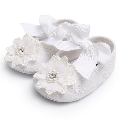 Baby Girls Mary Jane Flats with Bowknot Flowers Soft Newborn Infant First Walkers Crib Shoes Wedding Party Christmas Dress Shoes
