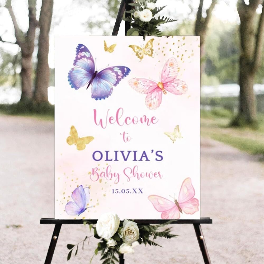 Printable Sign, Butterfly Baby Shower Welcome Sign, 12 x 18 inches to 24 x 36 inches, Corrugated Plastic, Romantic Style