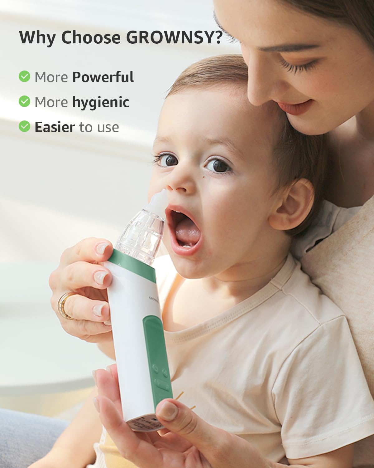 GROWNSY Nasal Aspirator for Baby, Electric Nose Aspirator for Toddler, Baby Nose Sucker, Automatic Nose Cleaner with 3 Silicone Tips, Adjustable Suction Level, Music and Light Soothing Function