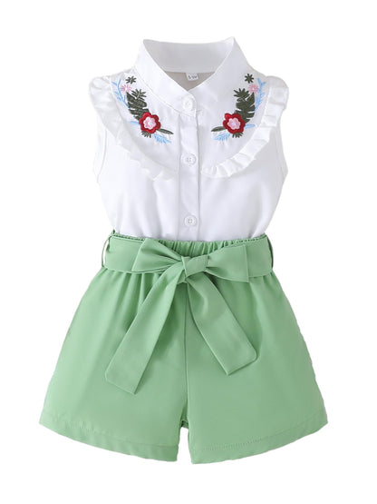 SUREPOCH Baby Girl Clothes Toddler Summer Embroidery Short Shirt Pant Girl Outfit Sleeveless Top Clothes Set