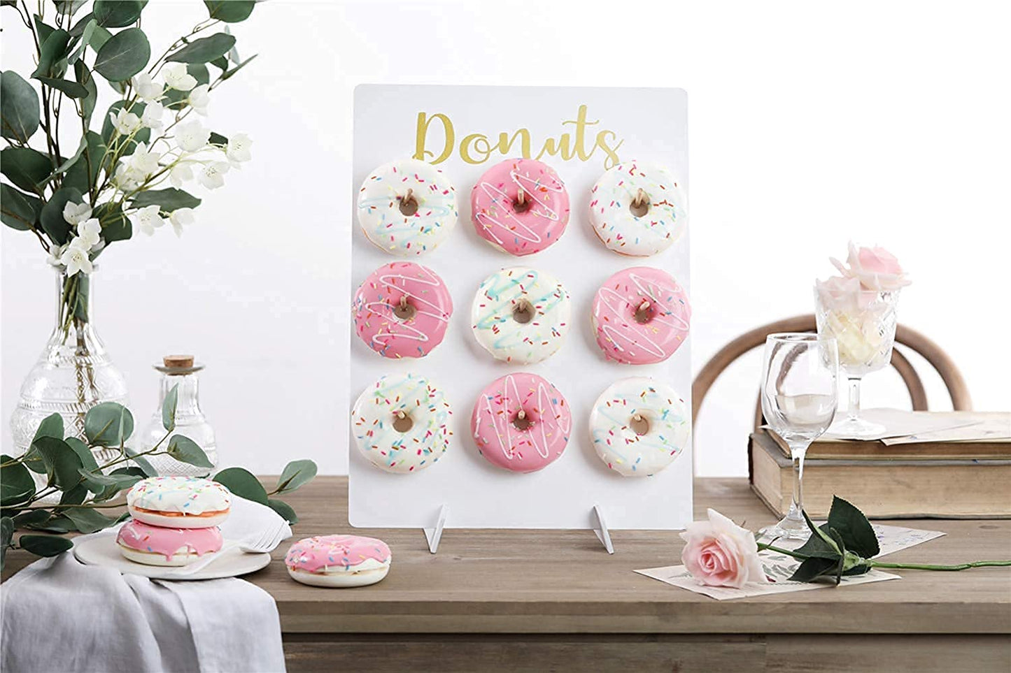 Donut Stand for Party, Donut Wall Holders for Table, Reusable Wood Doughnut Pegboard for Baby Showers, Bridal Shower, Birthday, Wedding, Holds 9 Donuts