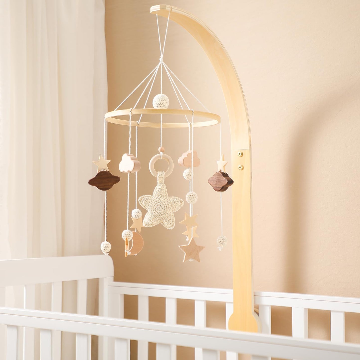 Baby Crib Mobile for Boys Girls| Boho Nursery Mobile| Gender Neutral Hand-Crocheted Mobile| Ceiling Mobile - Stars, Clouds, Moon