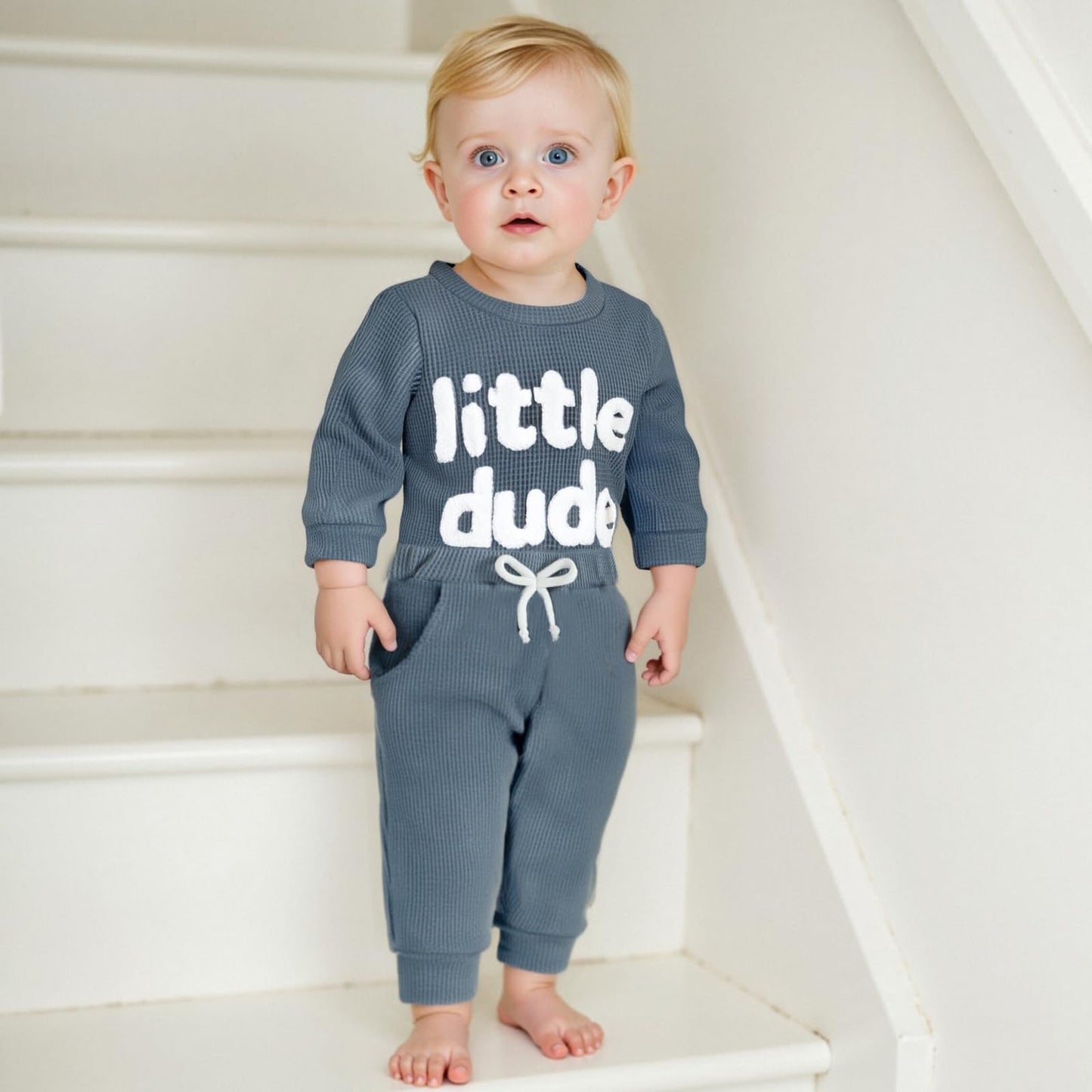 Douhoow Baby Boy Clothes Letters Embroidered Baby Sweatshirt Romper Waffle Pants Set Infant Boy Fall Winter Outfits