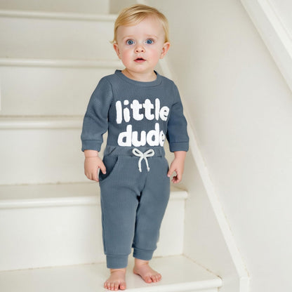 Douhoow Baby Boy Clothes Letters Embroidered Baby Sweatshirt Romper Waffle Pants Set Infant Boy Fall Winter Outfits