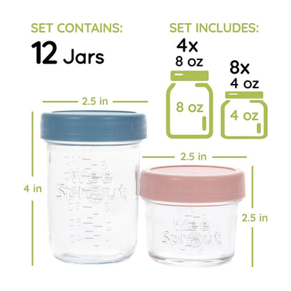 WeeSprout Glass Baby Food Storage Jars w/Lids (8 oz, 8 Pack Set) Snack, Puree, Reusable Small Containers, Breast Milk, Fridge or Freezer, Microwave & Dishwasher Safe, Essential Must Have for Infants
