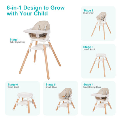 Baby High Chair, 6 in 1 Wooden Convertible High Chairs for Babies and Toddlers, Booster Seat with Double Tray & Reversible Footrest, 5-Point Harness Infants Feeding Seat, Black