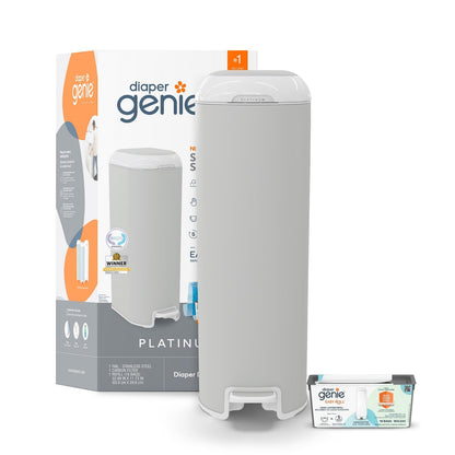 Diaper Genie Platinum Pail Gift Set, Lily White, Made of Durable Stainless Steel and Includes 2 Easy Roll Refills with 18 Bags and 30 Bags