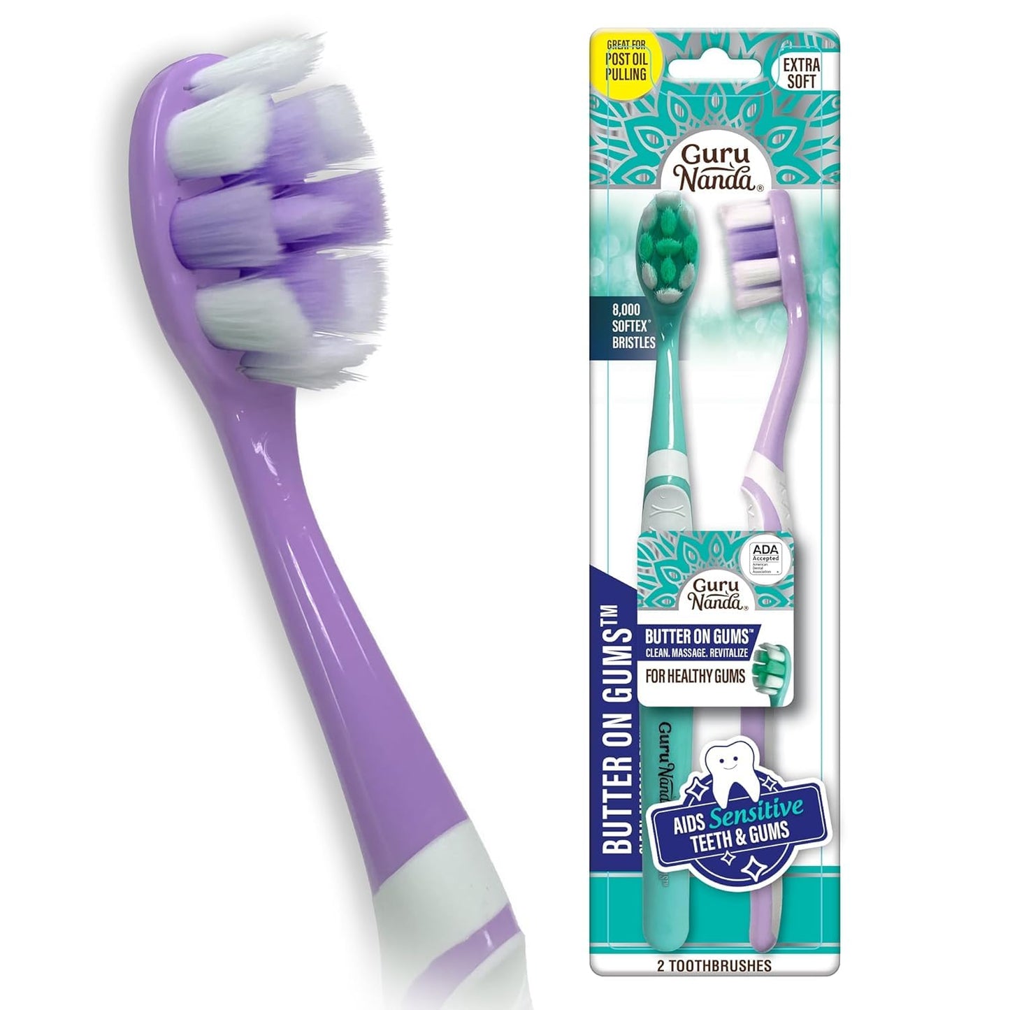 GuruNanda Butter On Gums Toothbrush, ADA Accepted, with 8000+ Ultra Soft Softex Bristles for Sensitive & Receding Gums, Perfect for Whiter Teeth, 8 Ct