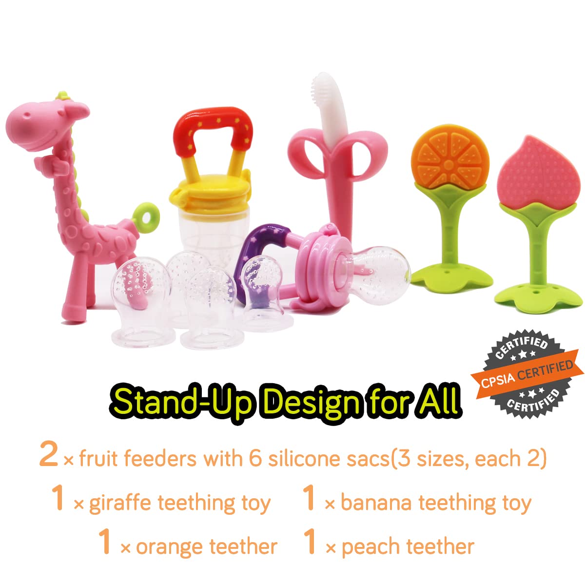 Medical-Grade Teething Toys for Babies 0-6 6-12 12-18 Months - with 4 × Adorable Baby Teethers & 2 × Baby Fruit Feeders - Soft Textures for Infant and Toddlers (Pink)
