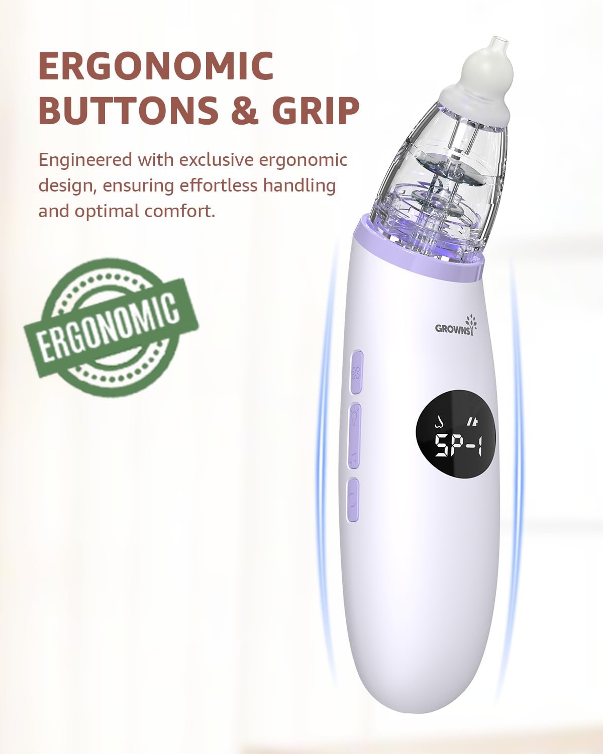 GROWNSY Nasal Aspirator for Baby | Baby Nose Sucker | Electric Nose Suction for Toddler, Ergonomic Booger Sucker with 3 Silicone Tips, Music & Light Soothing Function(White)