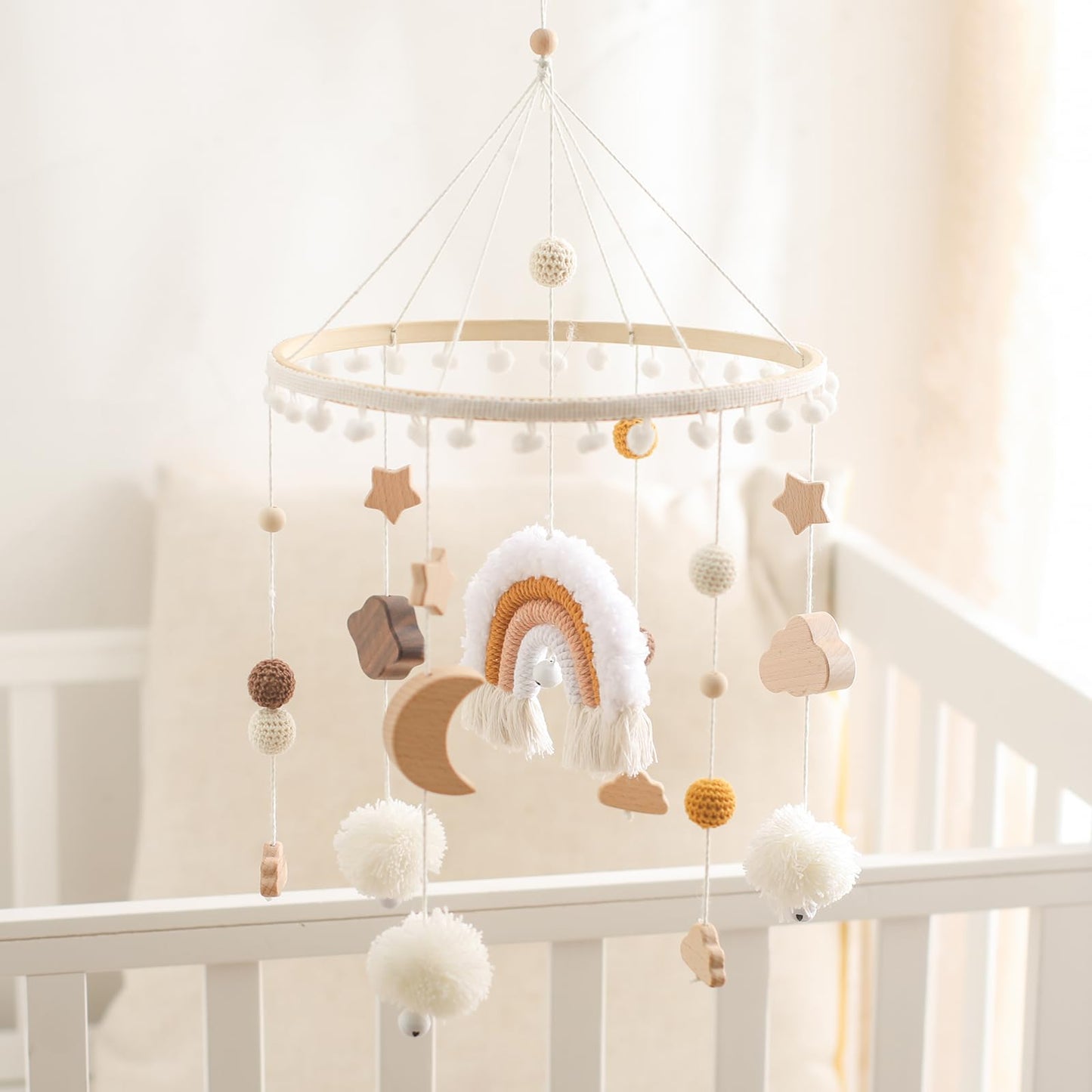 Baby Crib Mobile for Boys Girls| Boho Nursery Mobile| Gender Neutral Hand-Crocheted Mobile| Ceiling Mobile - Stars, Clouds, Moon