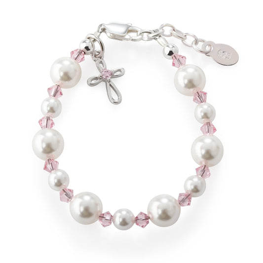 Cherished Moments Sterling Silver Bracelet for Girls with High-End Simulated Pearls and Crystals and Cross Charm First Communion Gift