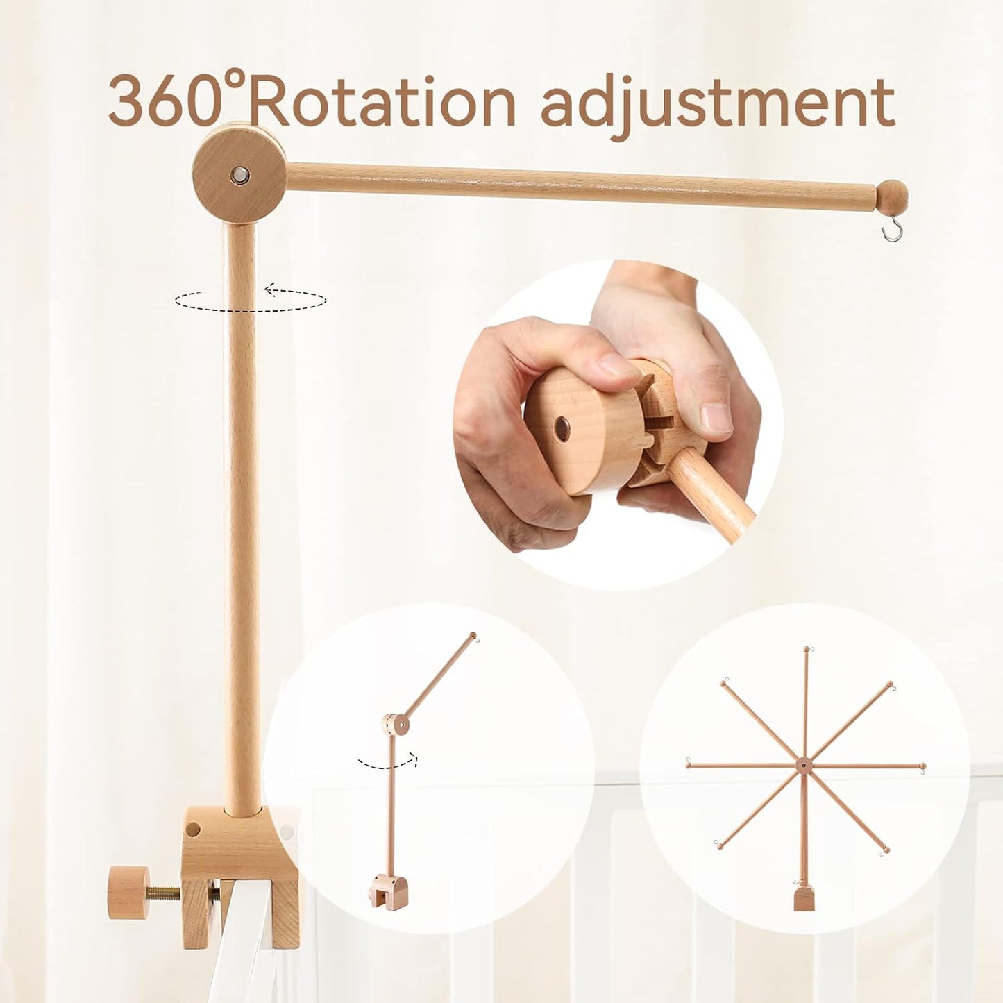 Wooden Crib Mobile Arm | Baby Crib Mobile Arm Wooden Holder | Rotatable Adjustable Anti Slip Attachment Clamp for Sturdy Mobile Hanger (Curved Arm)