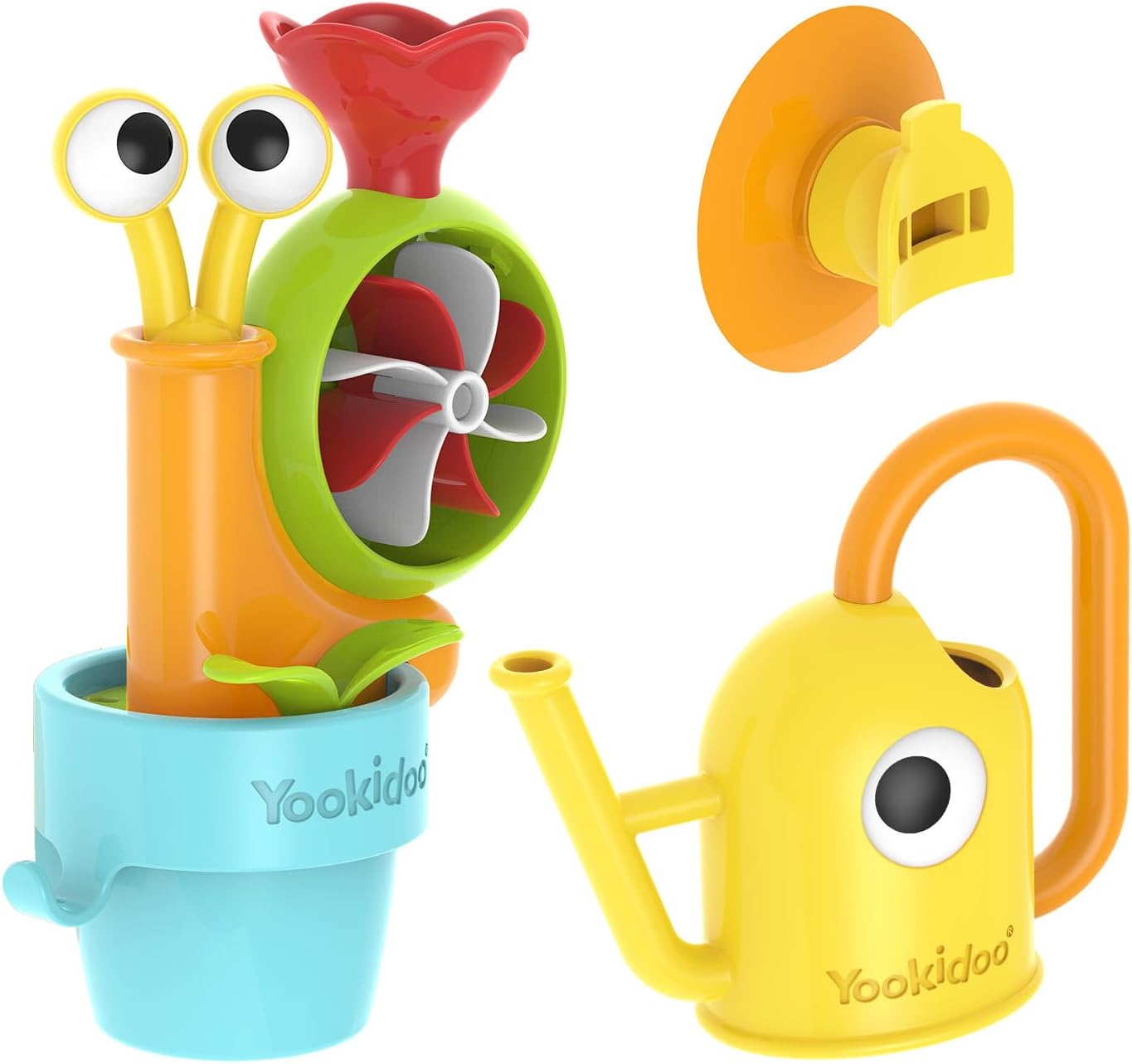 Yookidoo Watering Can Baby Bath Toy (Ages 1-3) Spinning Lady Bug & Tipping Bird Toy with 3 Moving Pieces (Mold Free) - Attaches to Tub Wall for Easy Toy Holder and Storage - for Toddler Bath Time