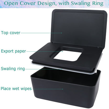Wet Wipes Storage Box, 2 Pack Wipes Dispenser Holder Tissue Storage Boxes Case with Lid Diaper Wipes Dispenser Box Dustproof Napkin Container with Sealing Design (Black)