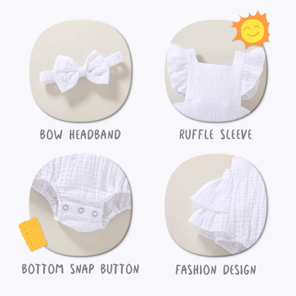 Happy Town Baby Girl Clothes Toddler Summer Linen Romper Sleeveless Ruffle Outfits Infant Girls Jumpsuit with Headband