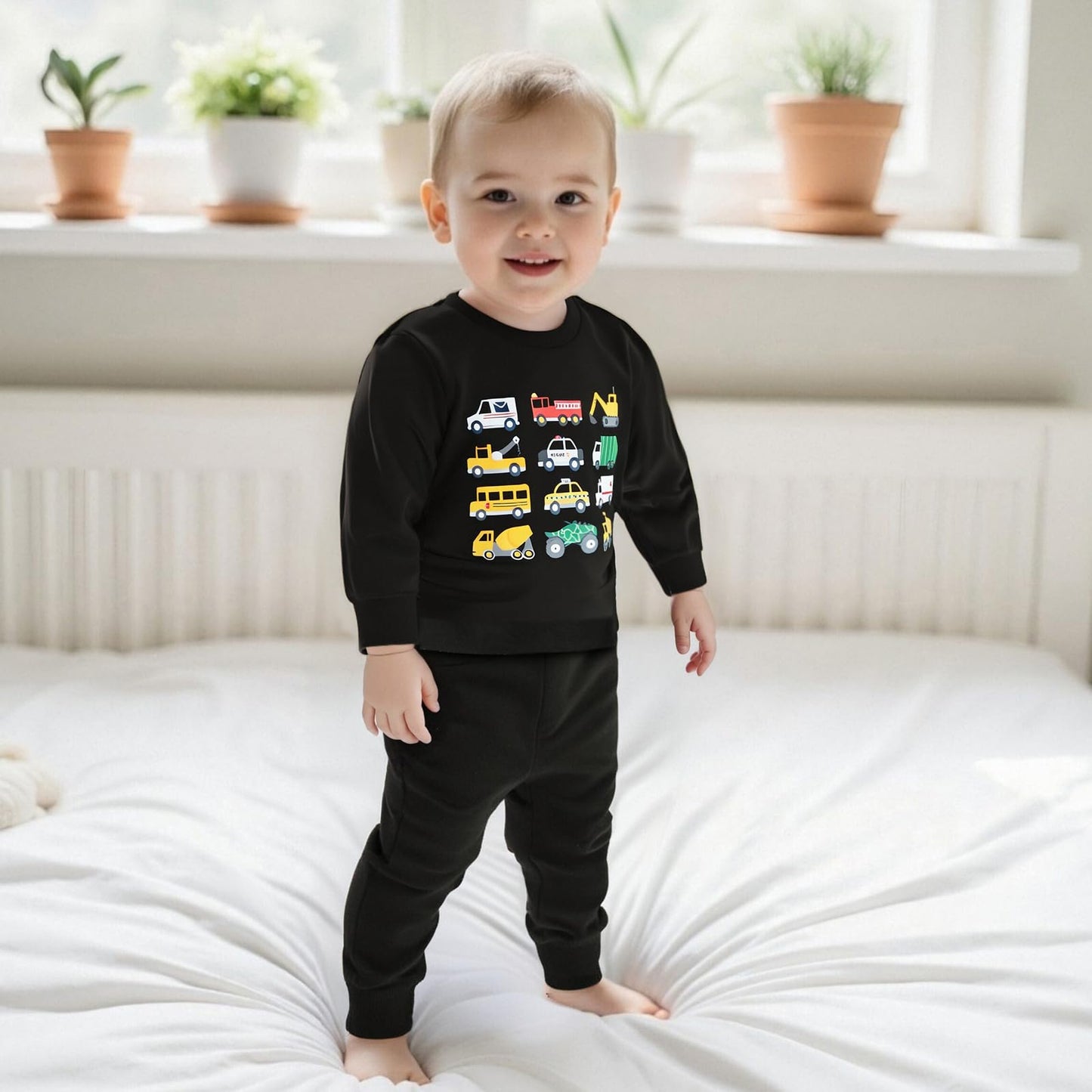 Fernvia Baby Boy Fall Winter Clothes Toddler Kids Solid Outfits Vehicle Long Sleeve Sweatshirt Tops + Joggers Pants Set