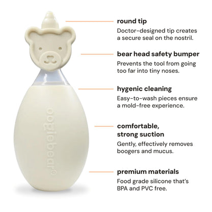 oogiebear BearPair Silicone Bulb Baby Nasal Aspirator and Ear & Nose Syringe, Safely Sucks Snot and Removes Mucus, Cleanable and Reusable, Grey