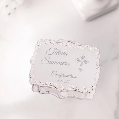 Cherished Moments Personalized Small Rectangle-Shaped Jewelry Keepsake Box with Custom Engraved Name or Initials, Silver Toned