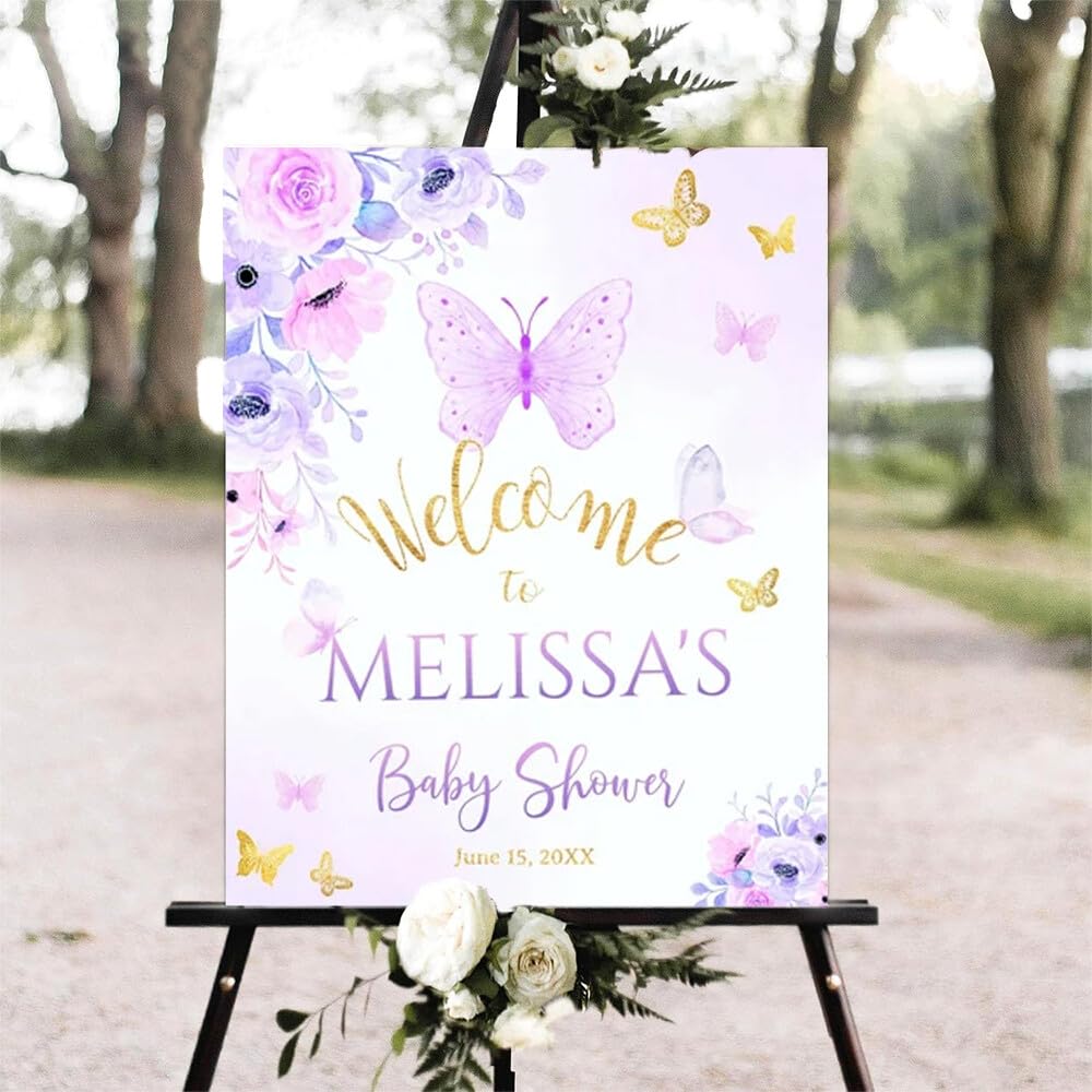 Printable Sign, Butterfly Baby Shower Welcome Sign, 12 x 18 inches to 24 x 36 inches, Corrugated Plastic, Romantic Style