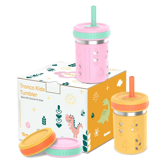 Tronco Stainless Steel Sippy Toddler Cups, 10 oz Mason Jar Kids Smoothie Cups with Silicone Sleeves & Spill Resistant Flexible Straw, BPA-Free, Dishwasher Safe, Snack Cup for Toddlers