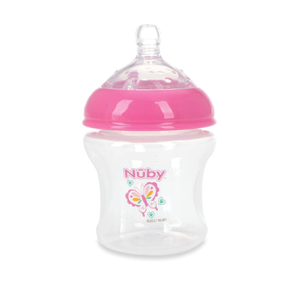 Nuby 3-Pack Infant Feeding Bottles with Slow Flow Breast Size Silicone Nipple: 0+ Months, 6oz, 3 Pack Set: Delicate Star, Rainbow, Butterfly Prints