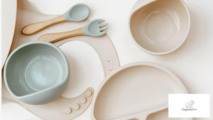 Giggle&Grin Baby Feast Silicone Baby feeding set/Silicone Feeding Bowl/Silicone Bib/Wooden Spoon with Silicone 6-12 Months - White Set with Green Spoon