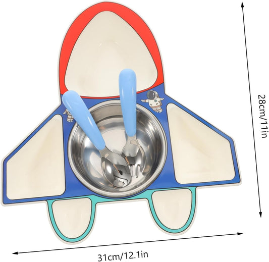 Beaupretty Children's Airplane Shaped Divided Plate Set for Toddlers 304 Stainless Steel Dinnerware with Spoon and Fork for Baby Food Serving and Creative Meals