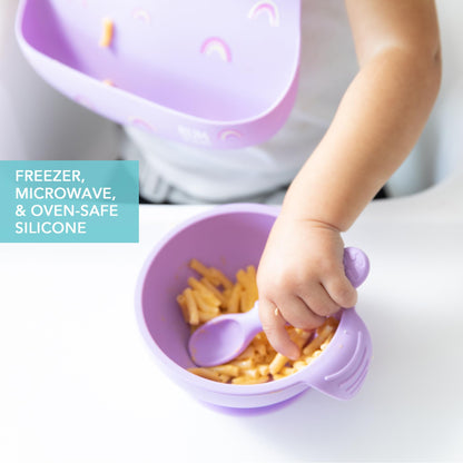Bumkins Baby Bowls, Disney Minnie Mouse Silicone Baby Feeding Set, Suction Bowls for Baby and Toddler with Spoon, First Feeding Set, Platinum Silicone Bowl for Babies 4 Months