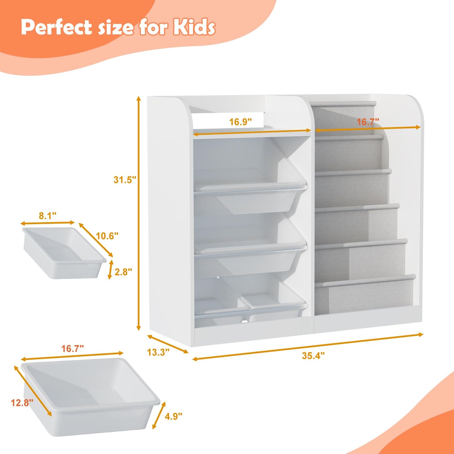 White Kids Bookshelf Wood Toy Storage Organizer Cabinet Children Bookcase Toddler Baby Sling Book Rack 3 Cube Bins Fabric Drawers for Playroom Bedroom Nursery School