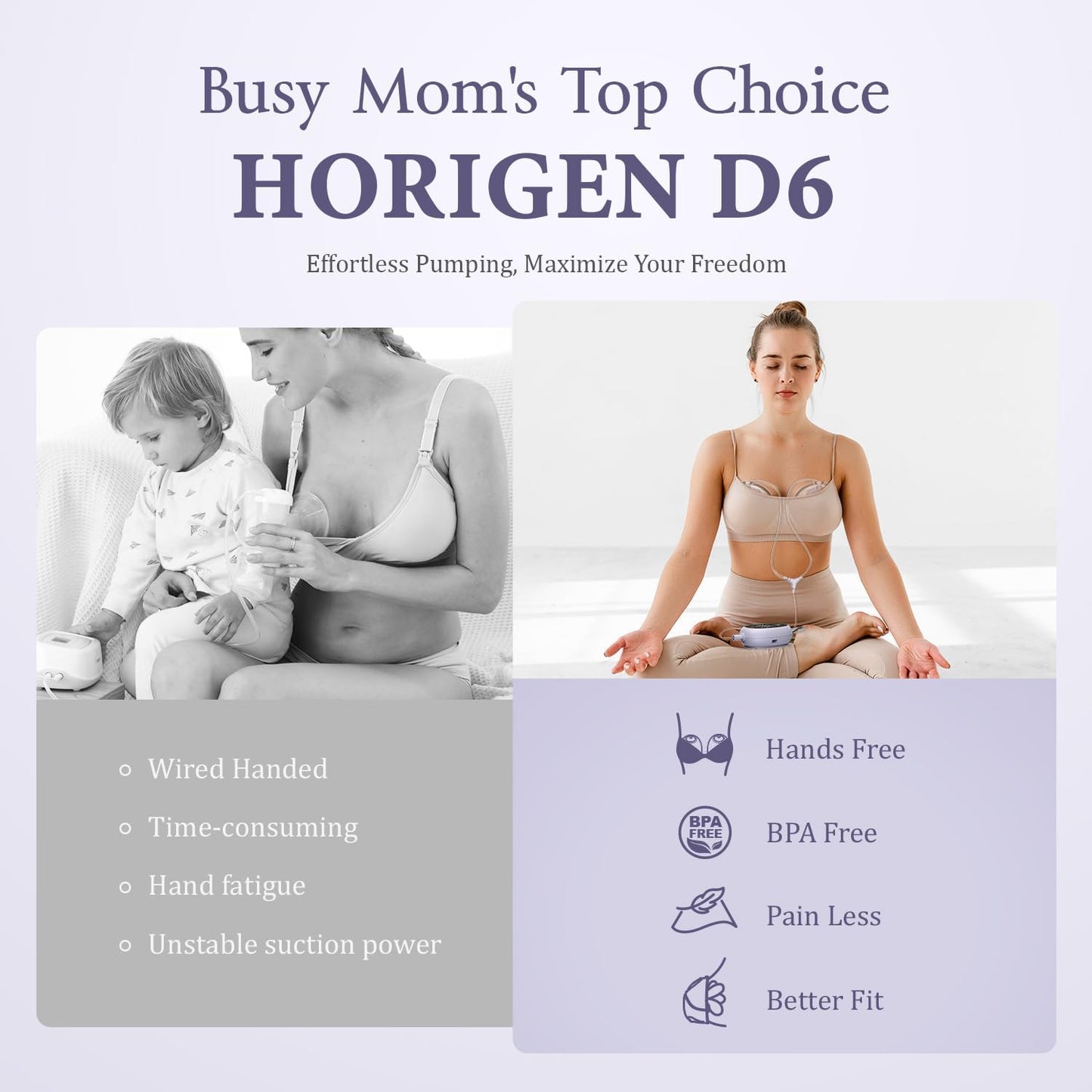 Breast Pump D6, Ultra-Lightweight Hands Free Wearable Breast Pump with Upgraded Leak-Proof Double-Seal Flange, Electric Breastfeeding Pump 3 Modes | 9 Levels, 3 Fine-Tuned Rhythms, 15/17/19/21/25mm