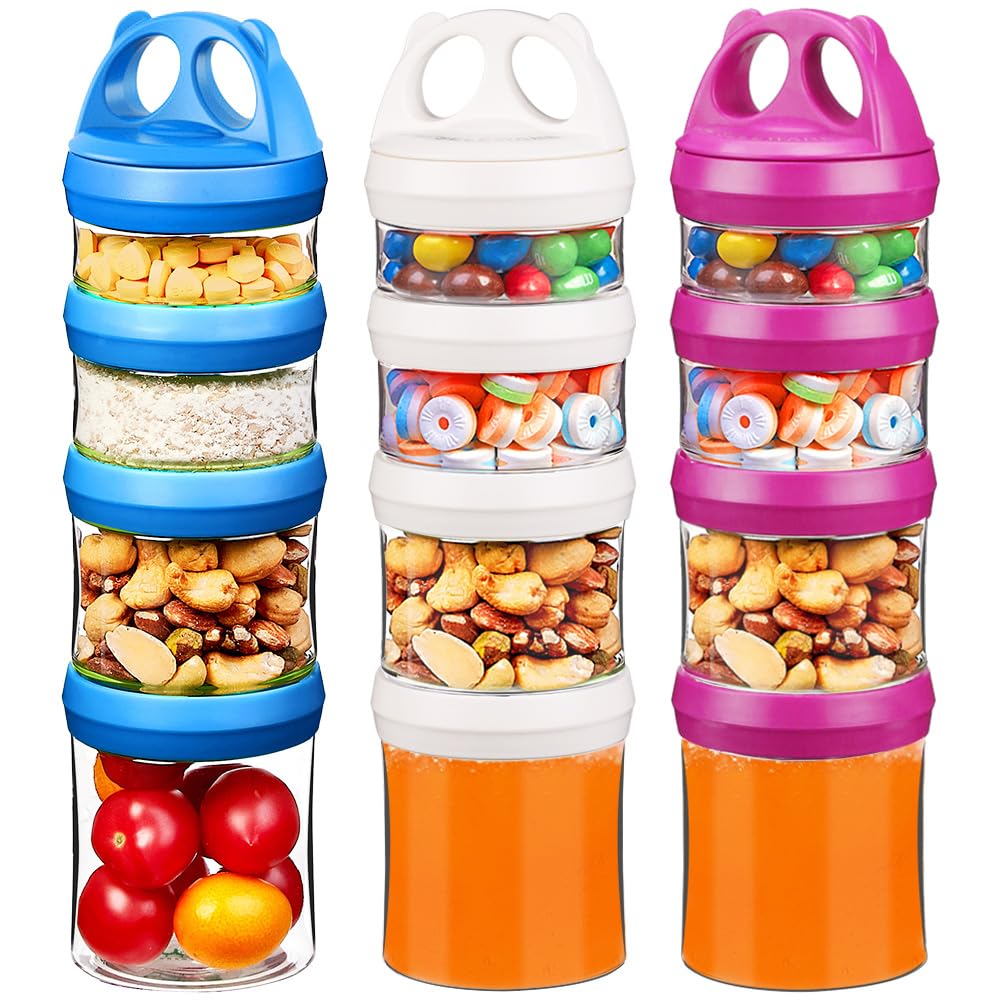 SELEWARE Portable Stackable Food Storage Containers for Snacks Formula Powder and Drinks Twist Lock System Airtight Leak-proof BPA and Phthalate Free 4 Piece Jars 31oz Blue